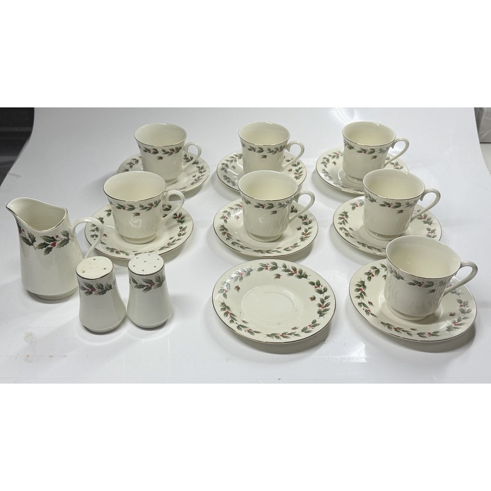 World Bazaars Holly Berry Gold Trim Christmas Cups Saucers S&P Set 18pc